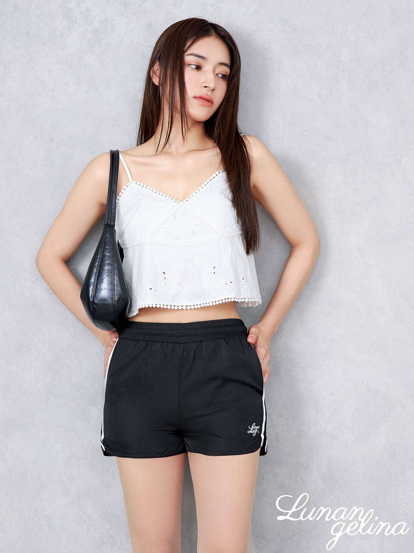 9/6新作!【吉木千沙都(ちぃぽぽ)プロデュース/lunangelina】Side Line Logo Short Pants/BLACK