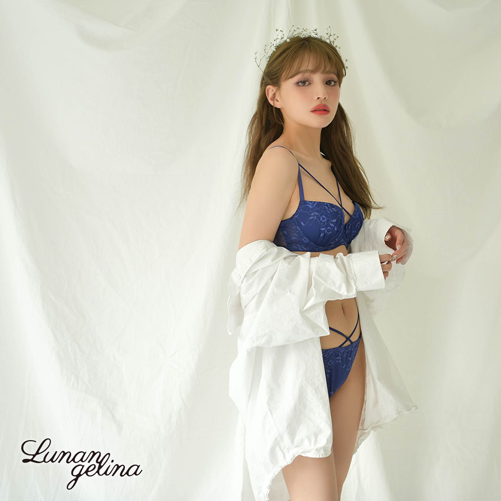 【吉木千沙都(ちぃぽぽ)着用/lunangelina】Dressy lace up Bra&T-back/Navy