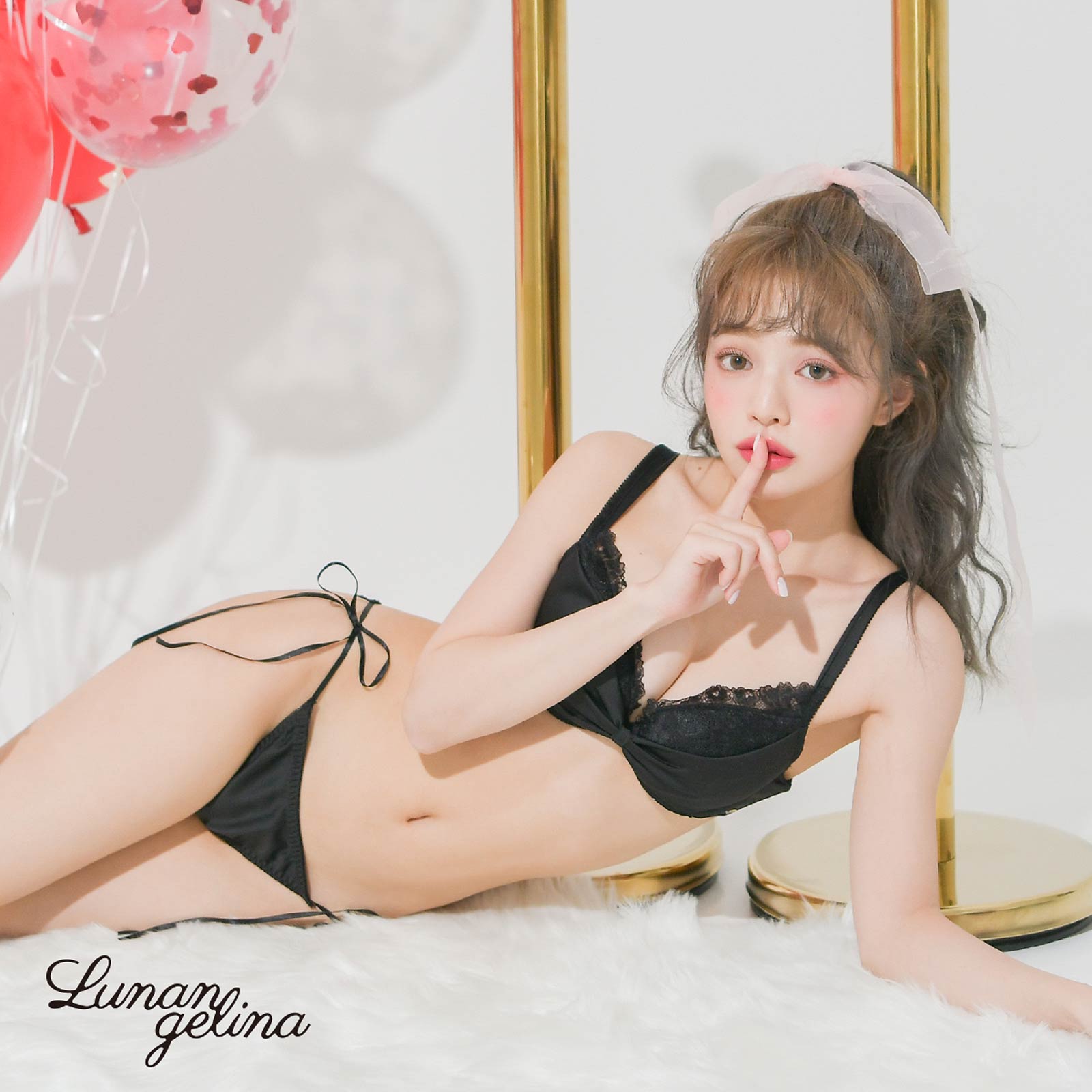 【吉木千沙都(ちぃぽぽ)着用/lunangelina】Monotone Ribbon Bra&T-back/Black