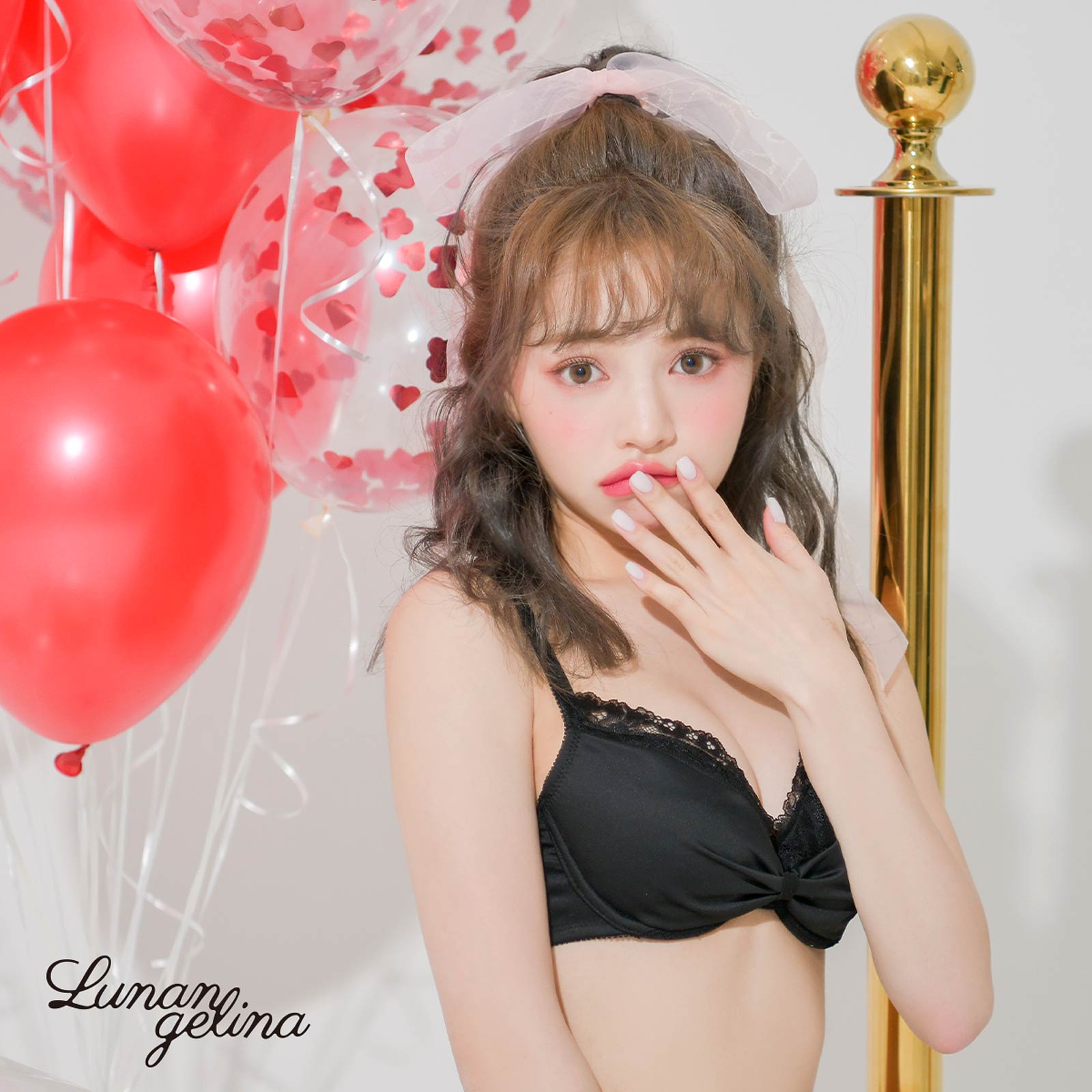 【吉木千沙都(ちぃぽぽ)着用/lunangelina】Monotone Ribbon Bra&T-back/Black