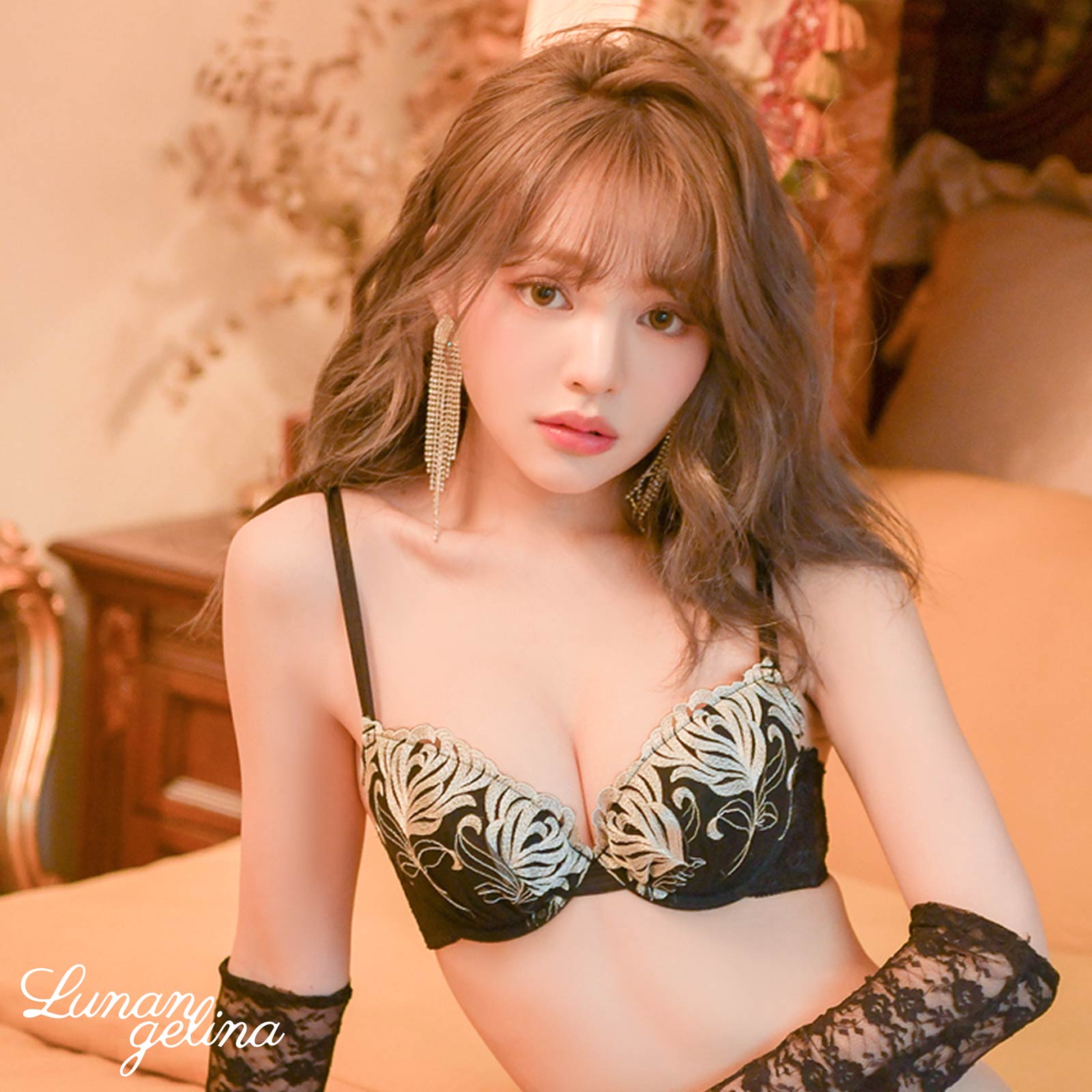 【吉木千沙都(ちぃぽぽ)着用/lunangelina】Fleur embroidery Bra&T-back/Black