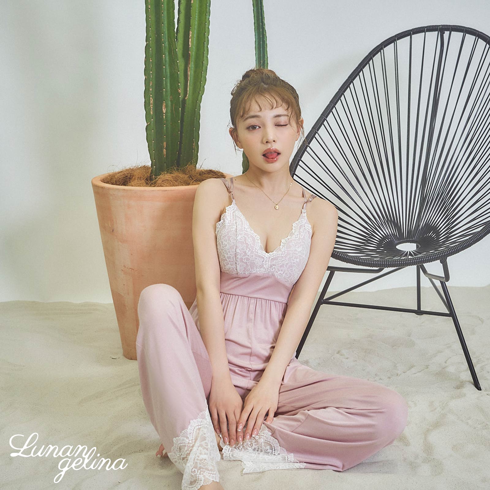 8/5新作!【吉木千沙都(ちぃぽぽ)着用/lunangelina】Silky All-in-one Roomwear/Pink