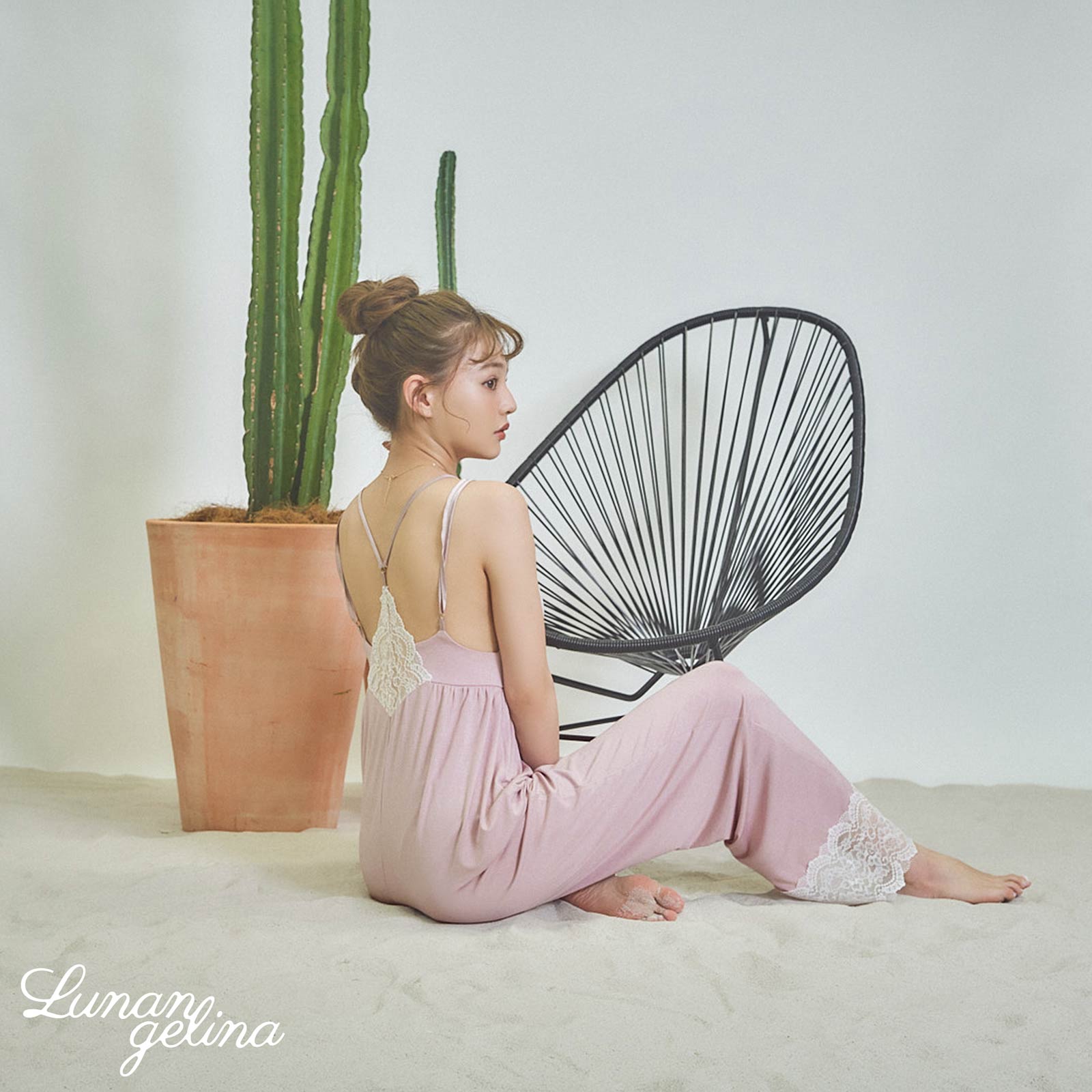 8/5新作!【吉木千沙都(ちぃぽぽ)着用/lunangelina】Silky All-in-one Roomwear/Pink