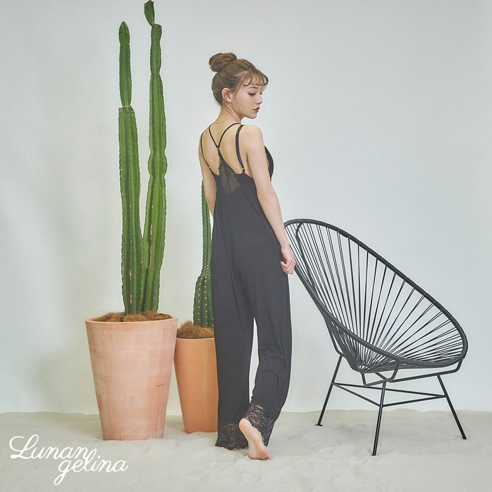 8/5新作!【吉木千沙都(ちぃぽぽ)着用/lunangelina】Silky All-in-one Roomwear/Black