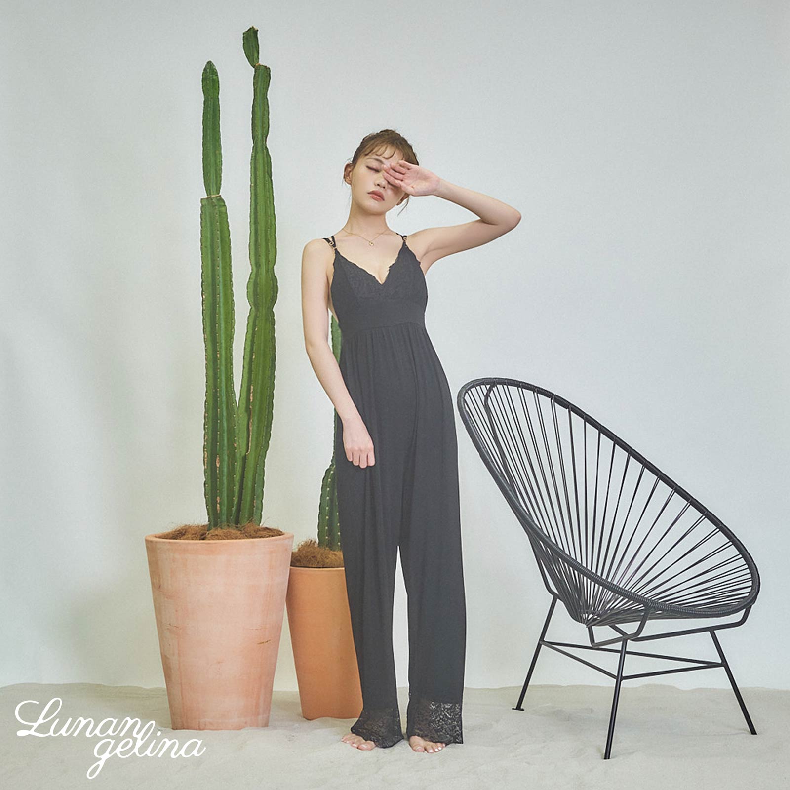 8/5新作!【吉木千沙都(ちぃぽぽ)着用/lunangelina】Silky All-in-one Roomwear/Black