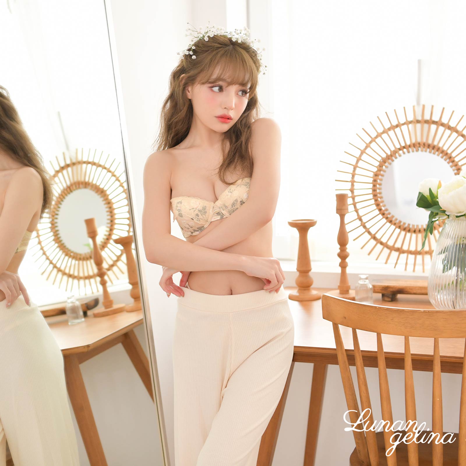 12/16新作!【吉木千沙都(ちぃぽぽ)プロデュース/lunangelina】Romantic Flower Bra&T-back/Ivory［ルナアンへリナ］