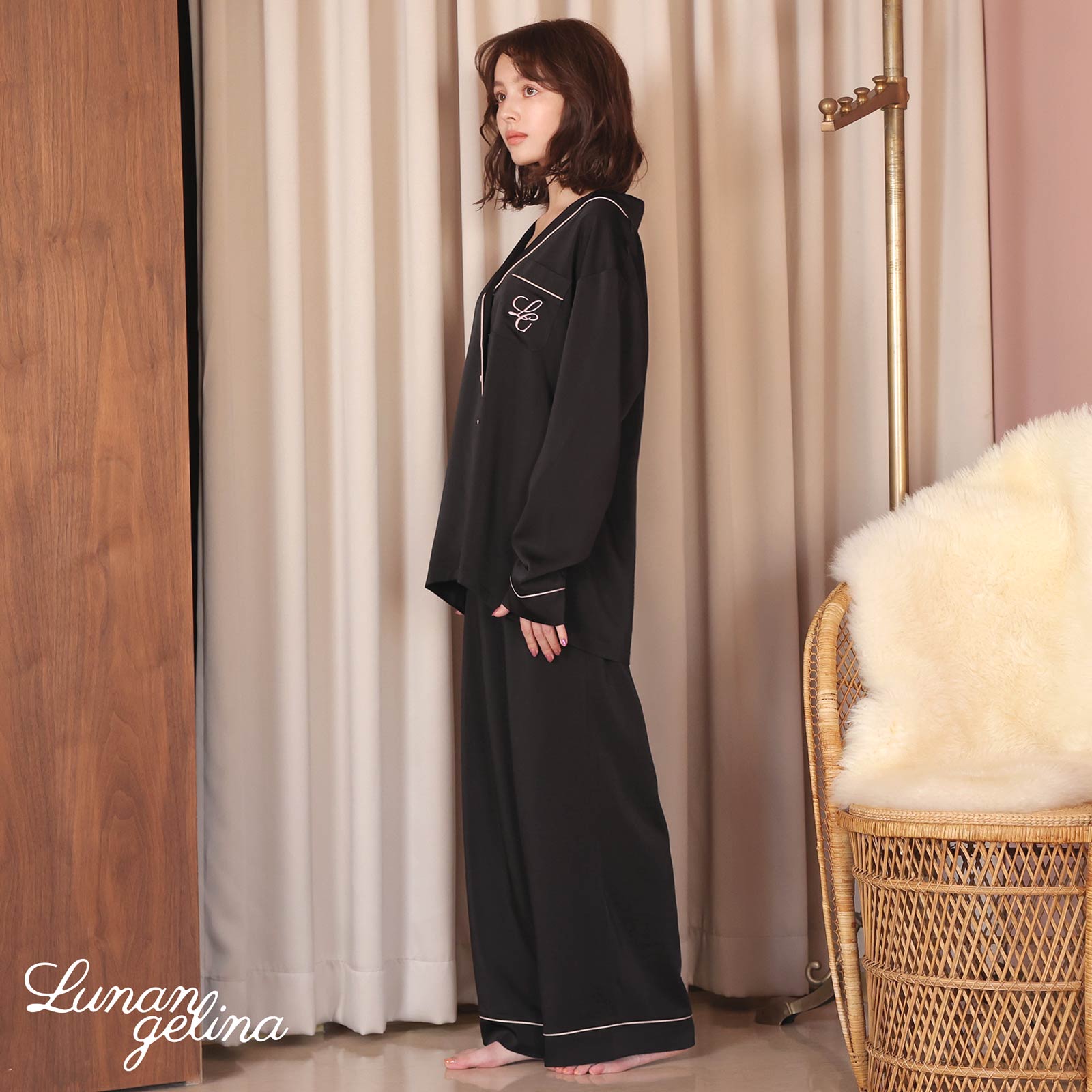 10/25新作!【吉木千沙都(ちぃぽぽ)プロデュース/lunangelina】Satin Frill Pajama/Black