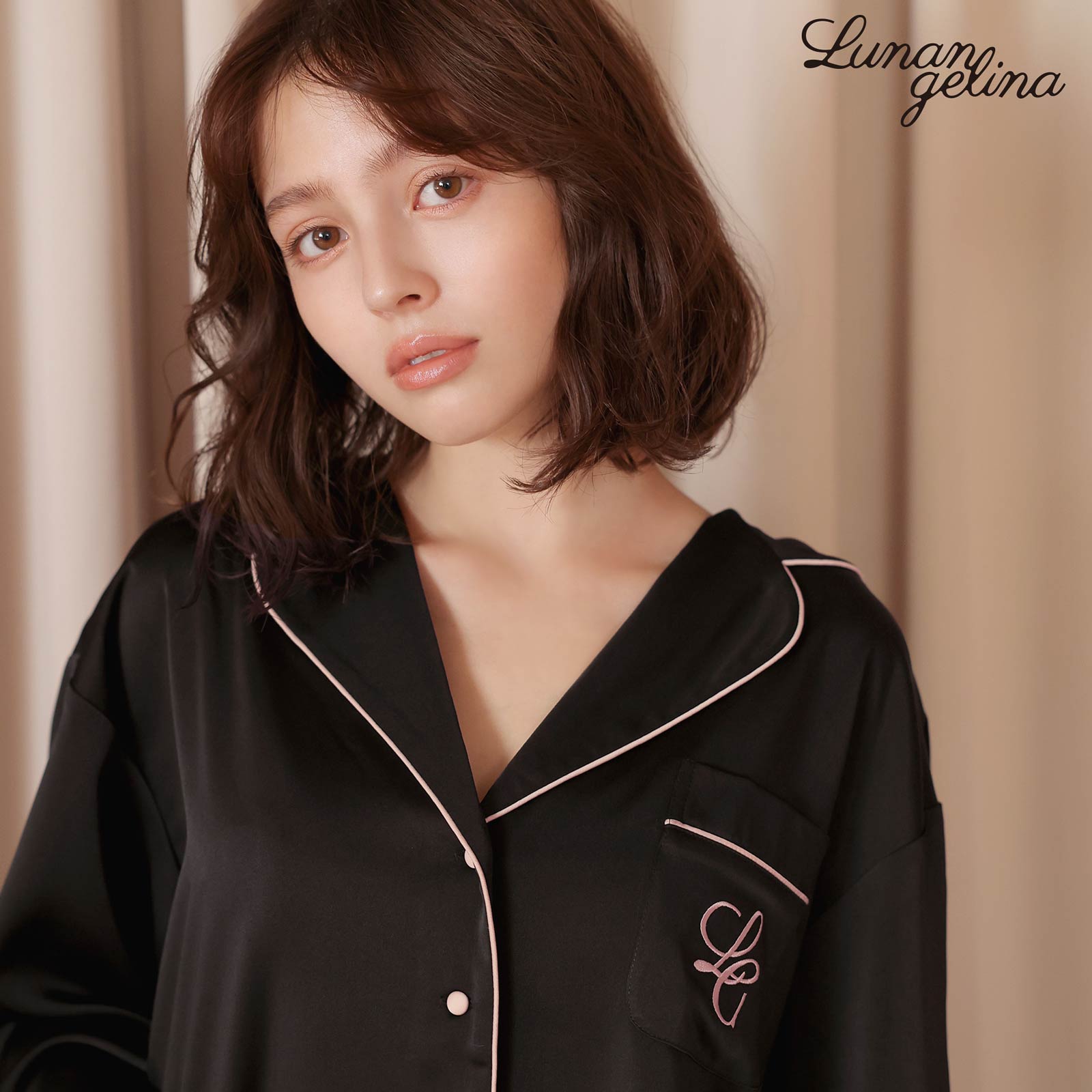 10/25新作!【吉木千沙都(ちぃぽぽ)プロデュース/lunangelina】Satin Frill Pajama/Black