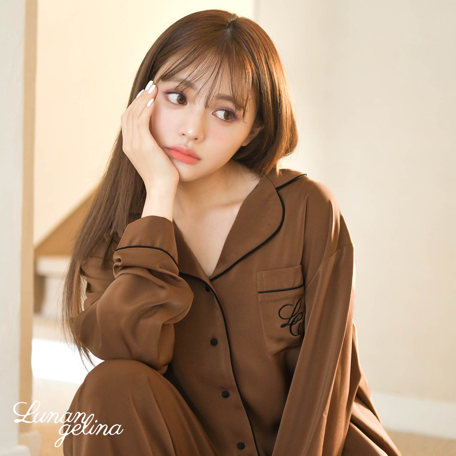 10/25新作!【吉木千沙都(ちぃぽぽ)プロデュース/lunangelina】Satin Frill Pajama/Brown