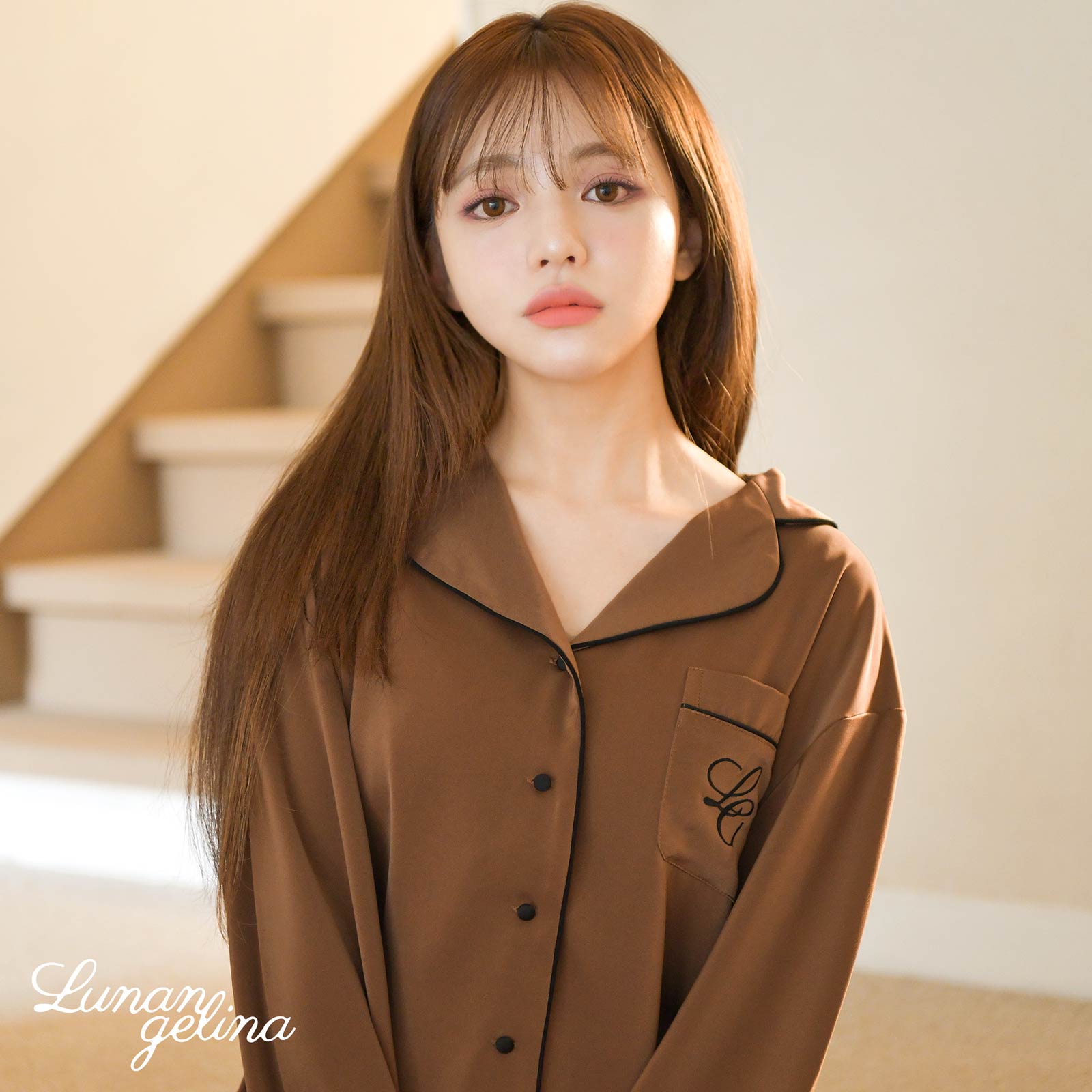 10/25新作!【吉木千沙都(ちぃぽぽ)プロデュース/lunangelina】Satin Frill Pajama/Brown