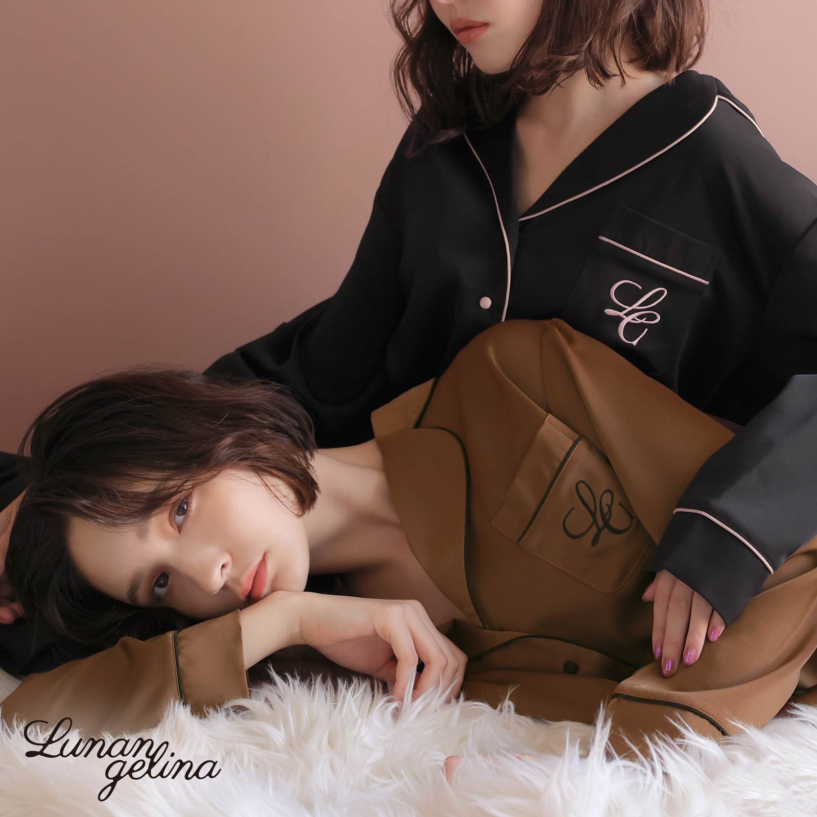 10/25新作!【吉木千沙都(ちぃぽぽ)プロデュース/lunangelina】Satin Frill Pajama/Brown