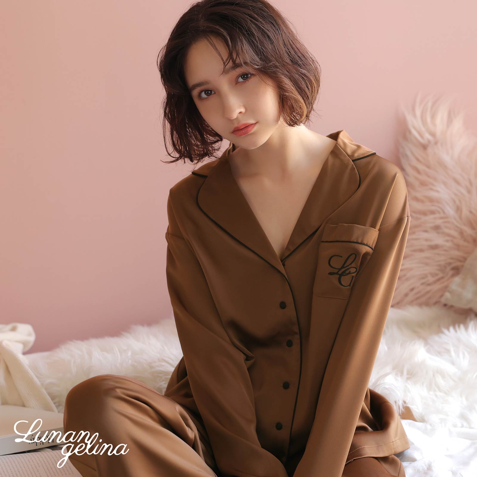 10/25新作!【吉木千沙都(ちぃぽぽ)プロデュース/lunangelina】Satin Frill Pajama/Brown