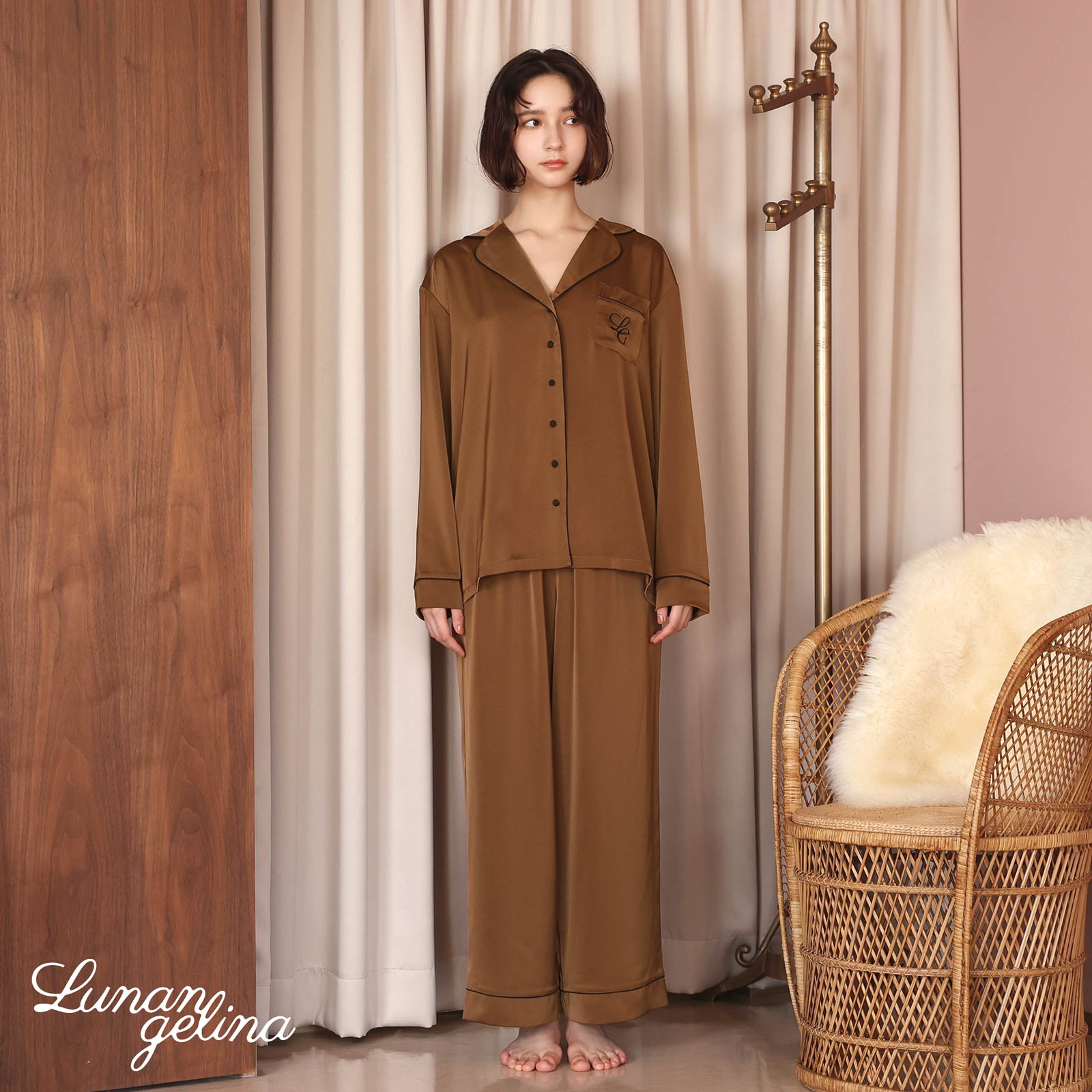 10/25新作!【吉木千沙都(ちぃぽぽ)プロデュース/lunangelina】Satin Frill Pajama/Brown