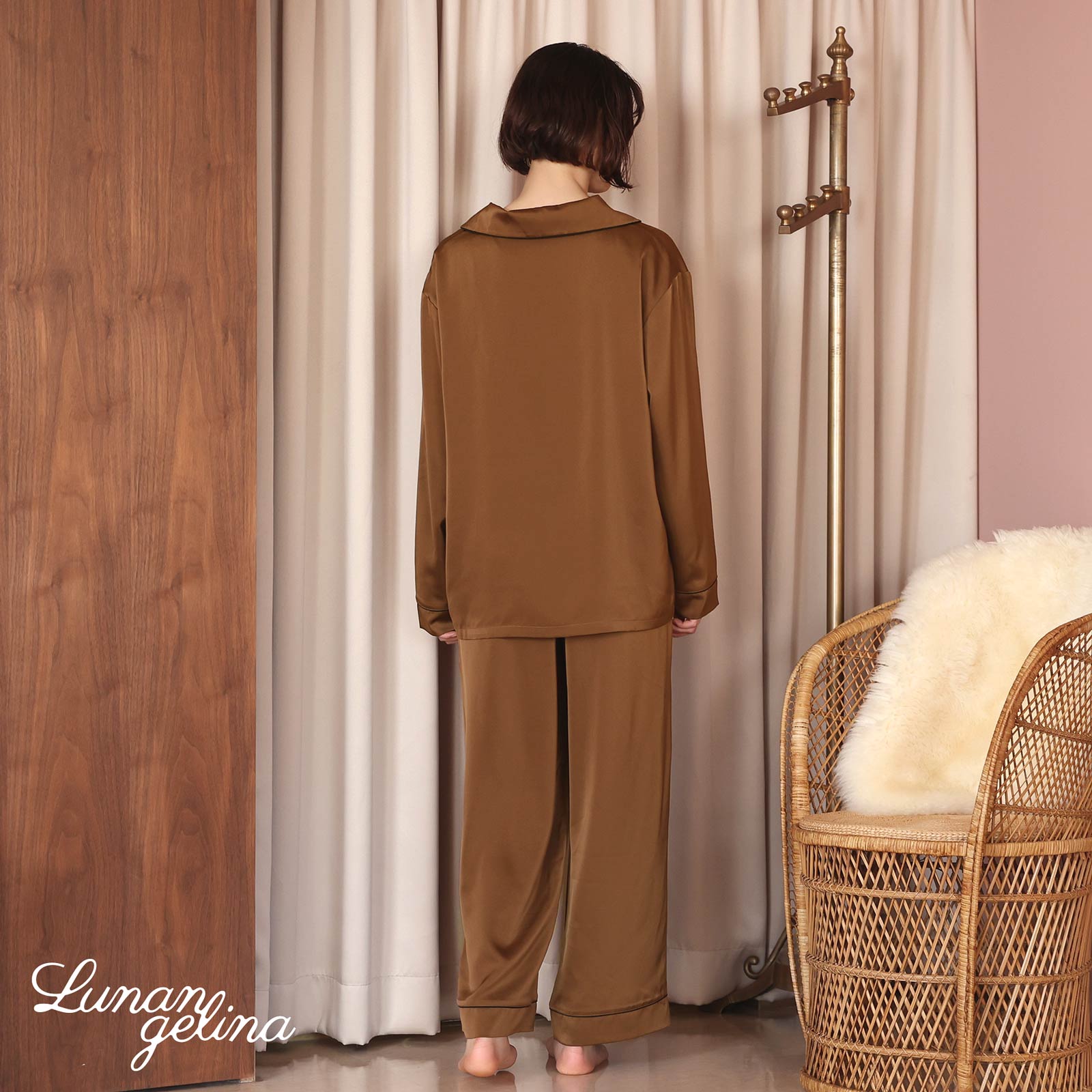 10/25新作!【吉木千沙都(ちぃぽぽ)プロデュース/lunangelina】Satin Frill Pajama/Brown