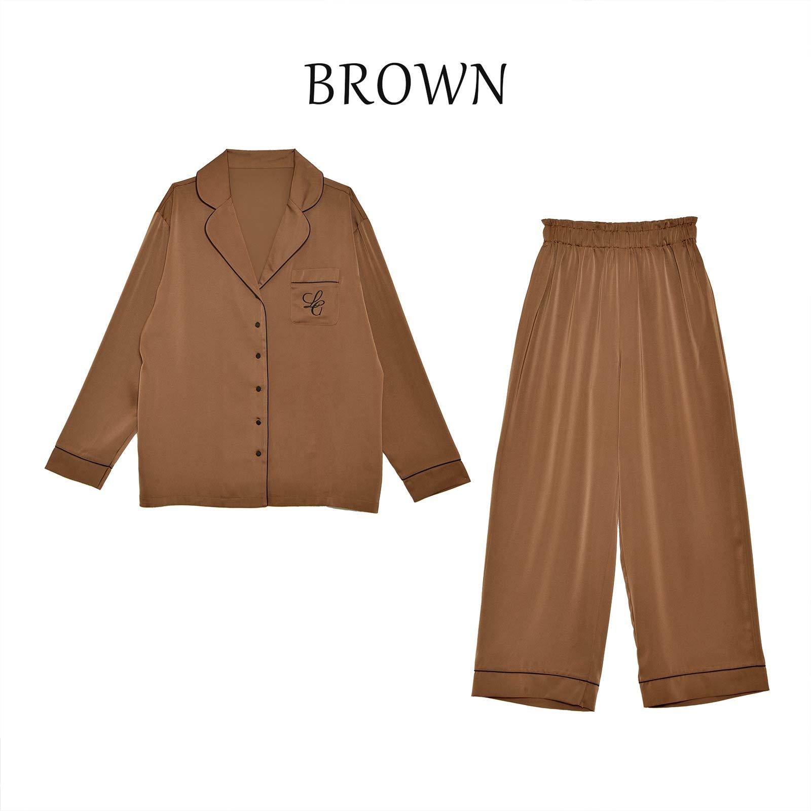 10/25新作!【吉木千沙都(ちぃぽぽ)プロデュース/lunangelina】Satin Frill Pajama/Brown