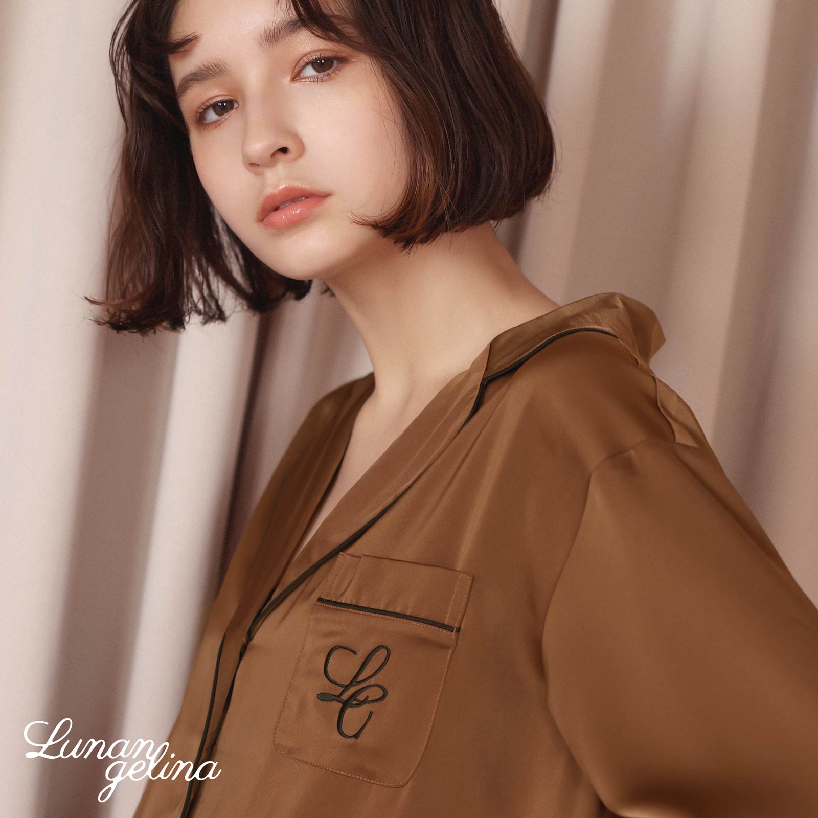 10/25新作!【吉木千沙都(ちぃぽぽ)プロデュース/lunangelina】Satin Frill Pajama/Brown