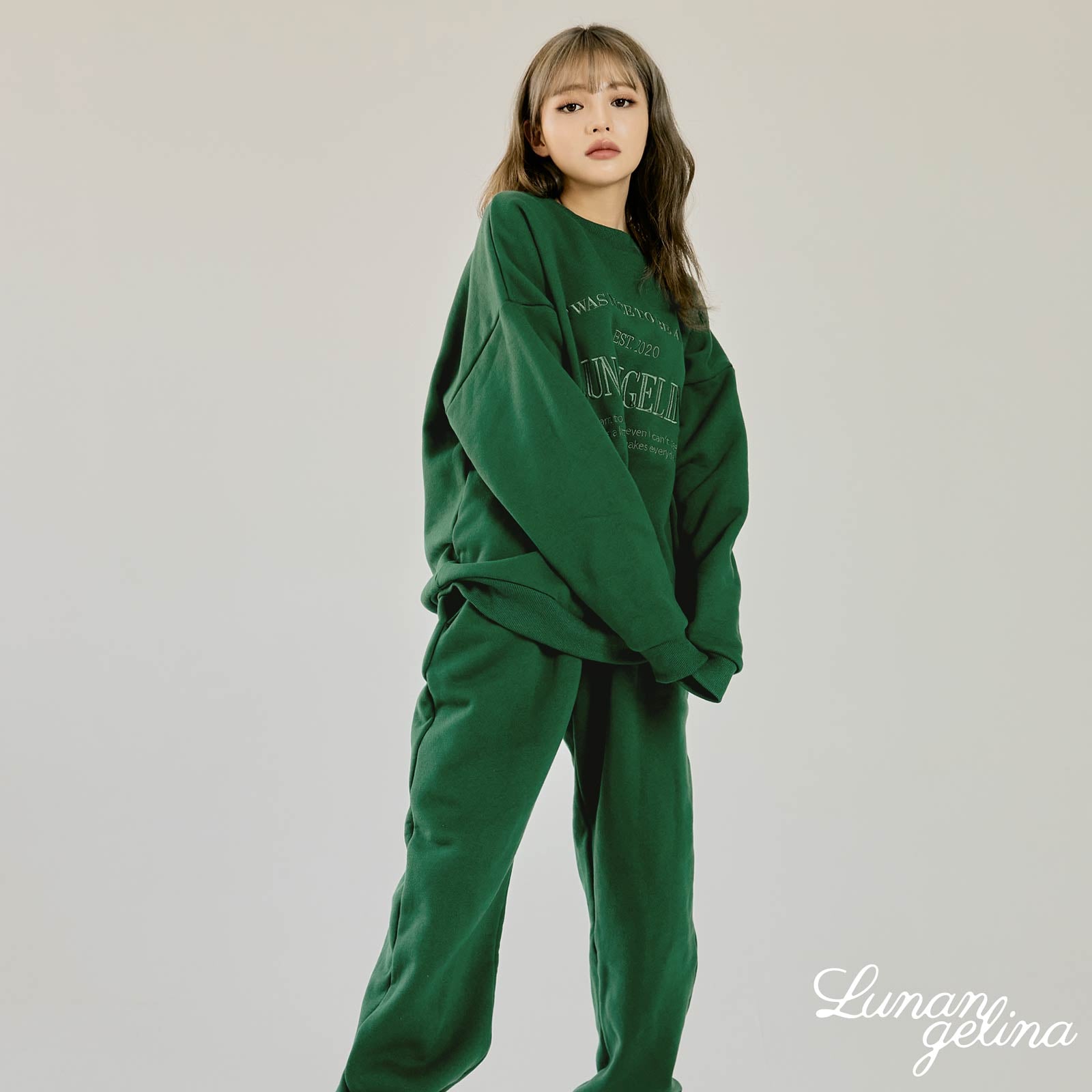 【吉木千沙都(ちぃぽぽ)プロデュース/lunangelina】Casual Warm Sweatshirts Setup/Green［ルナアンへリナ］