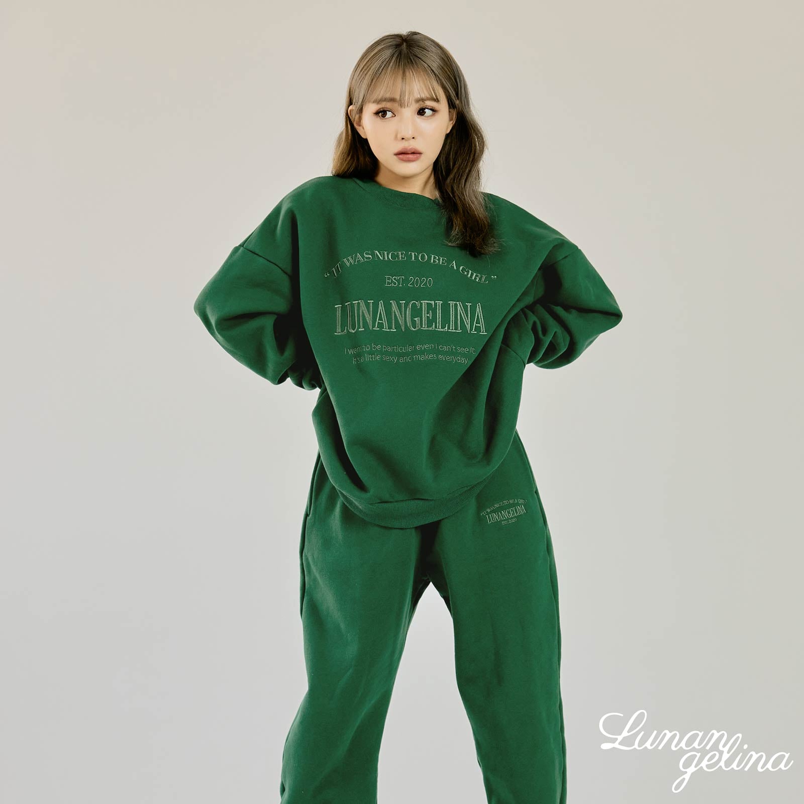 【吉木千沙都(ちぃぽぽ)プロデュース/lunangelina】Casual Warm Sweatshirts Setup/Green［ルナアンへリナ］