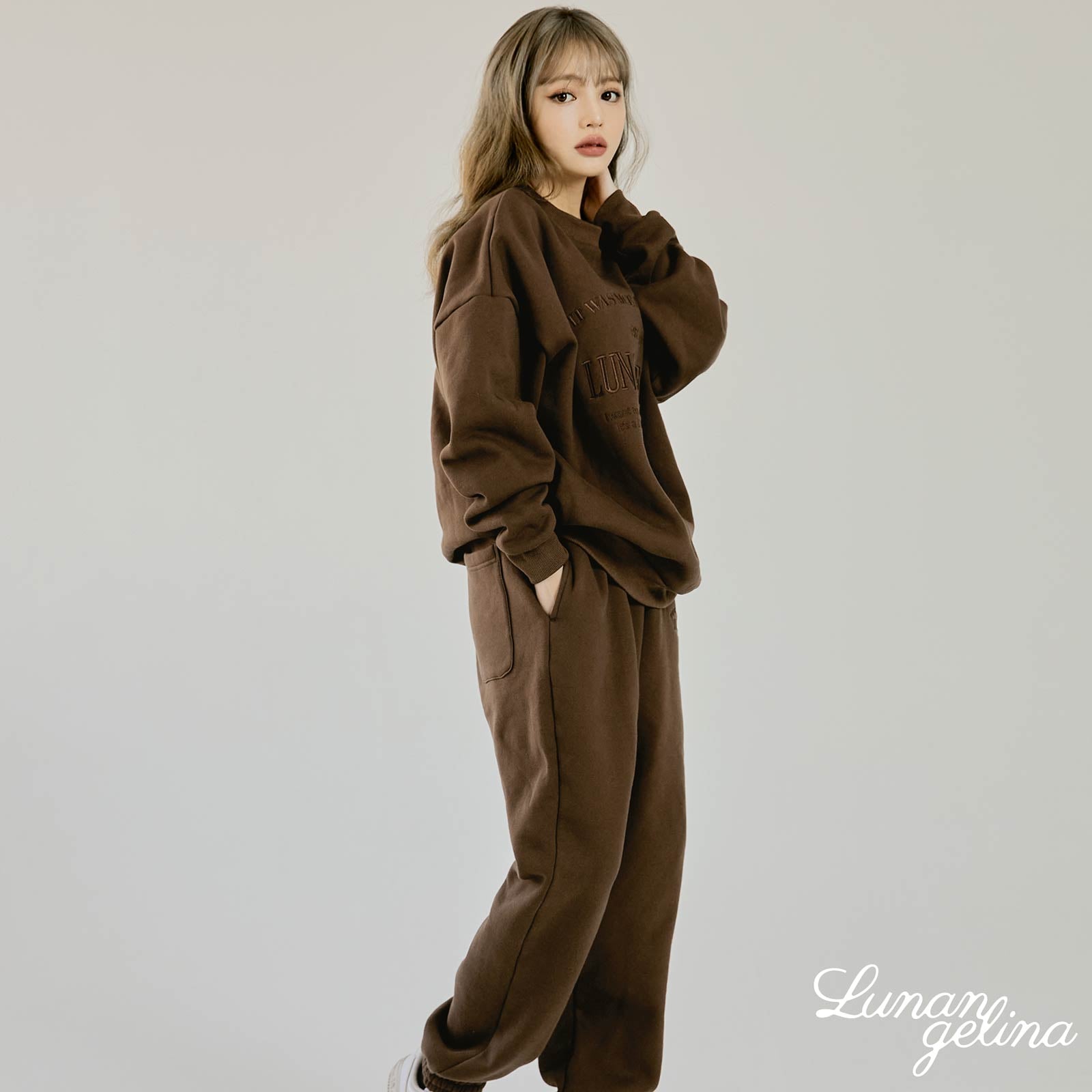 【吉木千沙都(ちぃぽぽ)プロデュース/lunangelina】Casual Warm Sweatshirts Setup/Brown［ルナアンへリナ］