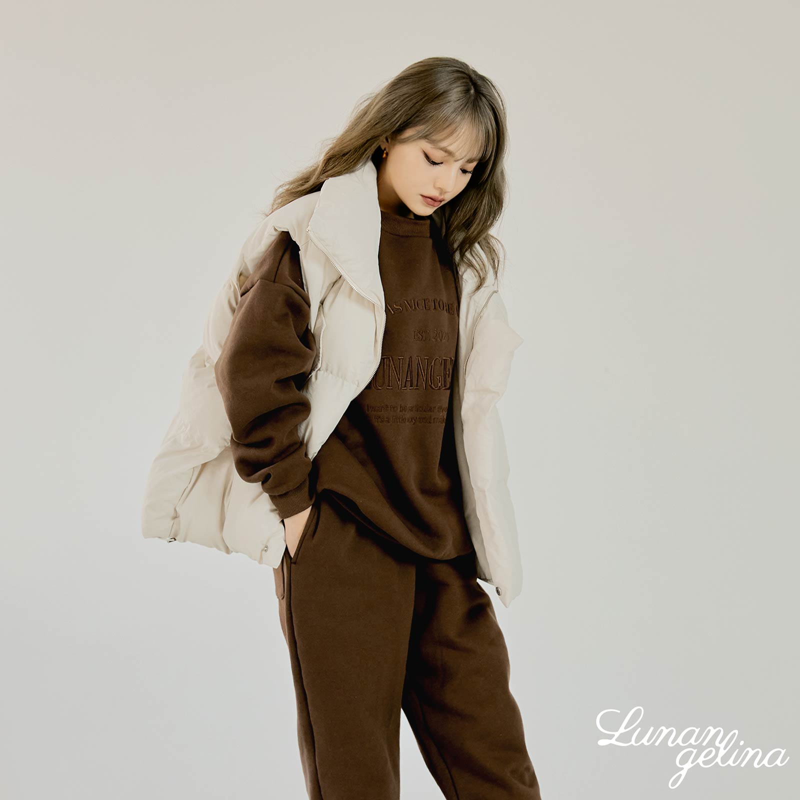 【吉木千沙都(ちぃぽぽ)プロデュース/lunangelina】Casual Warm Sweatshirts Setup/Brown［ルナアンへリナ］