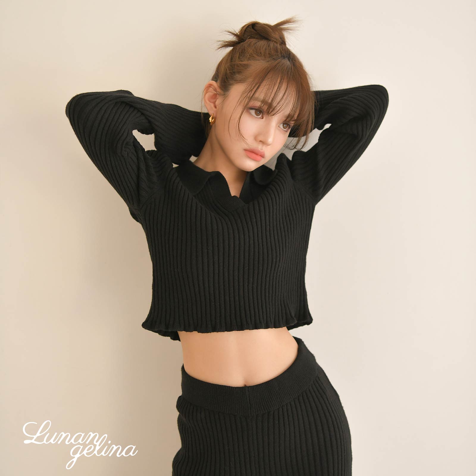 11/25新作!【吉木千沙都(ちぃぽぽ)プロデュース/lunangelina】Stylish Polo Knit Wear/BLK