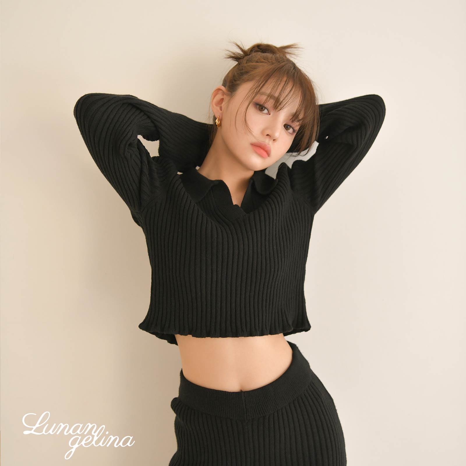 11/25新作!【吉木千沙都(ちぃぽぽ)プロデュース/lunangelina】Stylish Polo Knit Wear/BLK