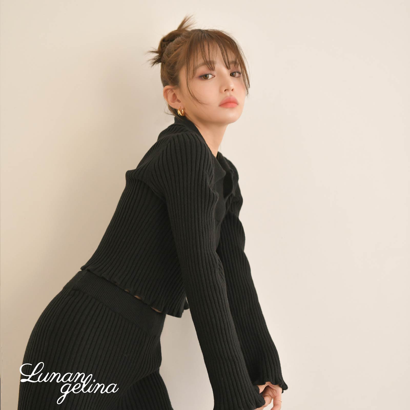 11/25新作!【吉木千沙都(ちぃぽぽ)プロデュース/lunangelina】Stylish Polo Knit Wear/BLK