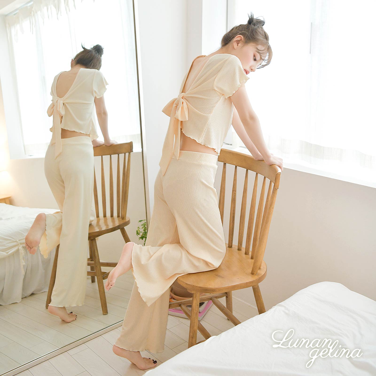 【吉木千沙都(ちぃぽぽ)着用/lunangelina】Back Ribbon Stretch rib Set-up Roomwear/Ivory