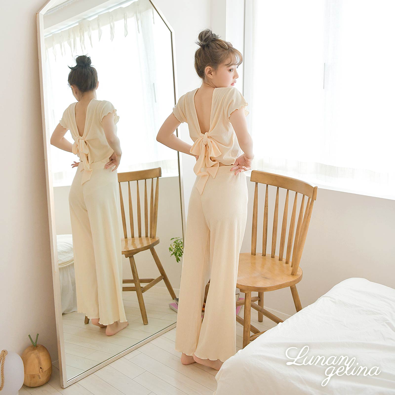 【吉木千沙都(ちぃぽぽ)着用/lunangelina】Back Ribbon Stretch rib Set-up Roomwear/Ivory