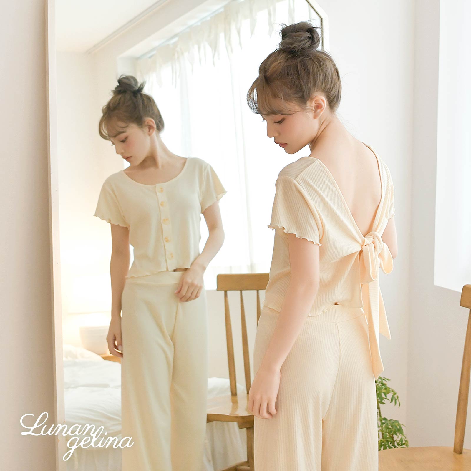 【吉木千沙都(ちぃぽぽ)着用/lunangelina】Back Ribbon Stretch rib Set-up Roomwear/Ivory