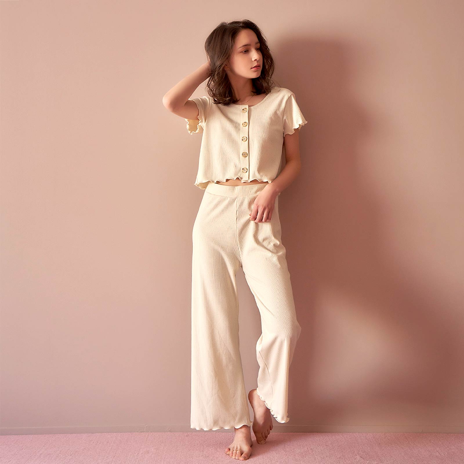 【吉木千沙都(ちぃぽぽ)着用/lunangelina】Back Ribbon Stretch rib Set-up Roomwear/Ivory