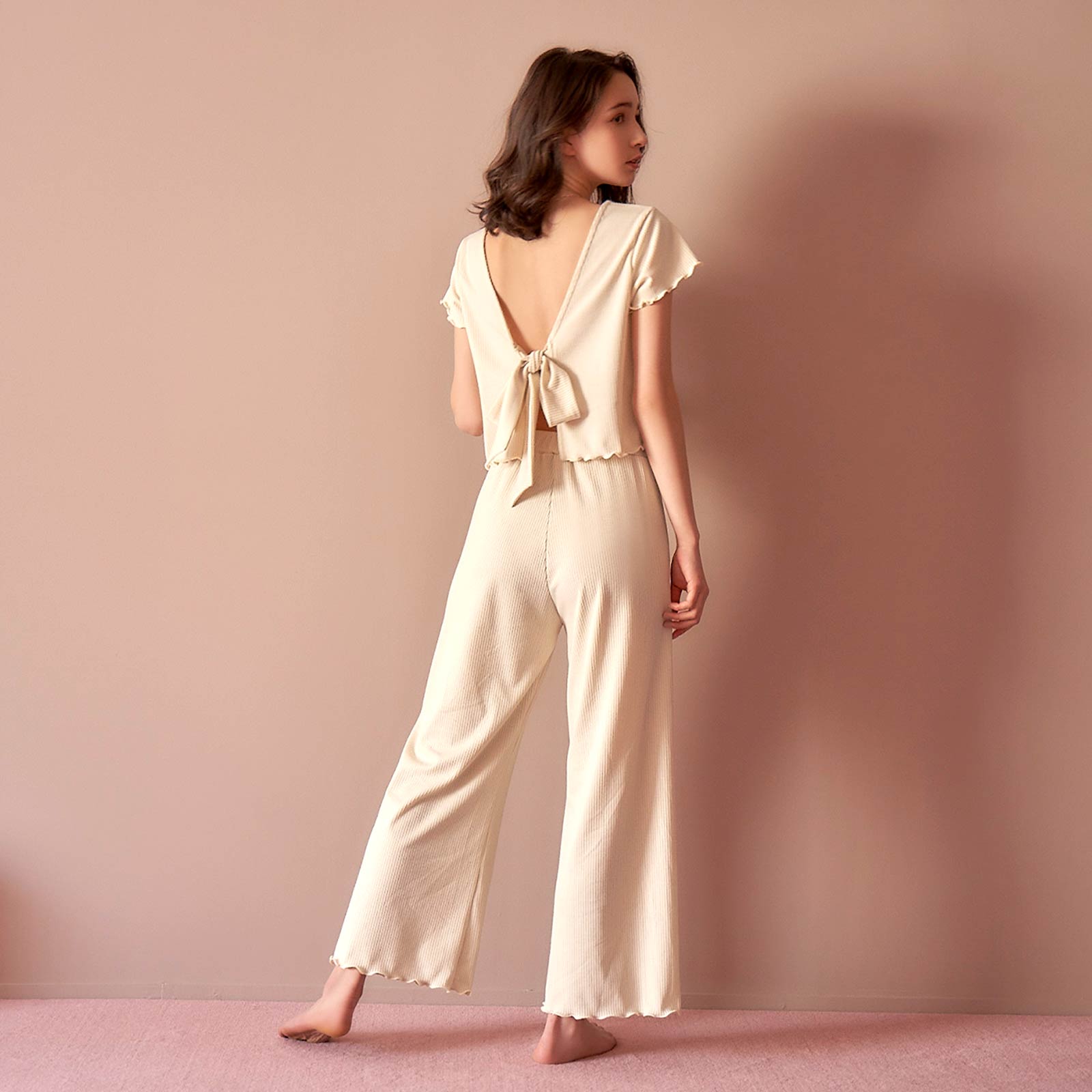 【吉木千沙都(ちぃぽぽ)着用/lunangelina】Back Ribbon Stretch rib Set-up Roomwear/Ivory