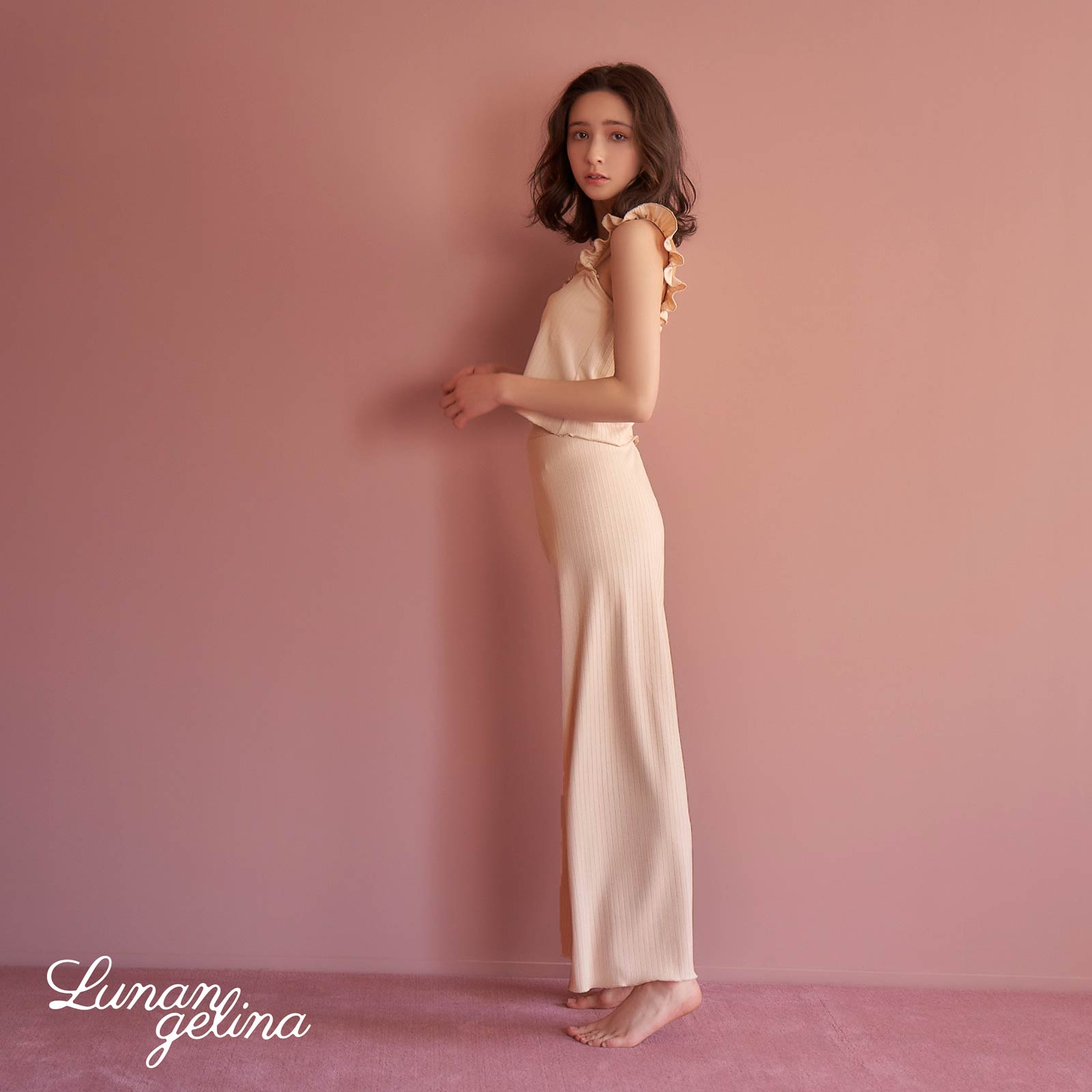 【吉木千沙都(ちぃぽぽ)プロデュース/lunangelina】One color frill Set-up Roomwear/Nude beige