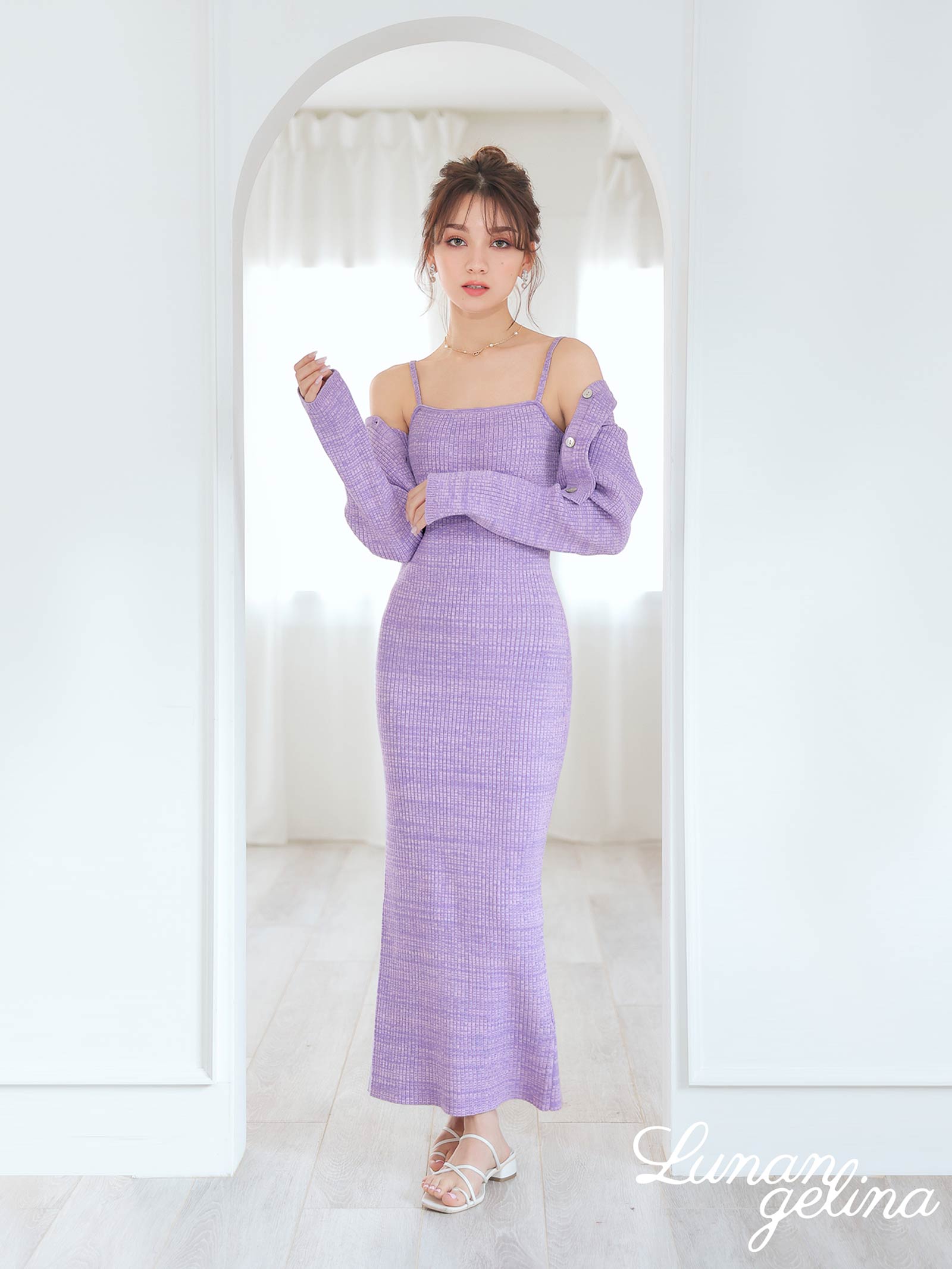 【吉木千沙都(ちぃぽぽ)プロデュース/lunangelina】Rib Knit Cardigan & Camisole One-Piece Set