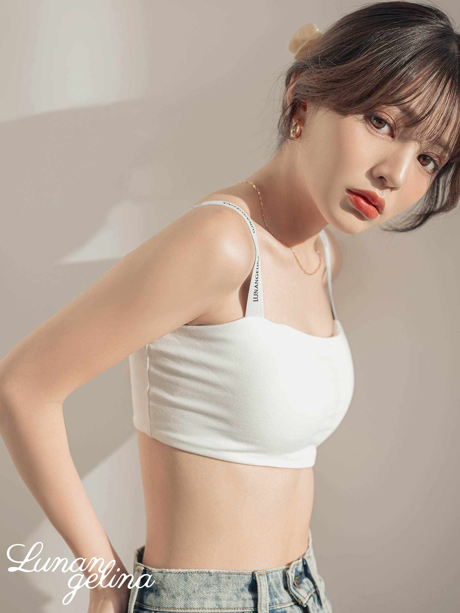 9/3新作!【吉木千沙都(ちぃぽぽ)プロデュース/lunangelina】Logo Strap Sporty Bra&shorts/White