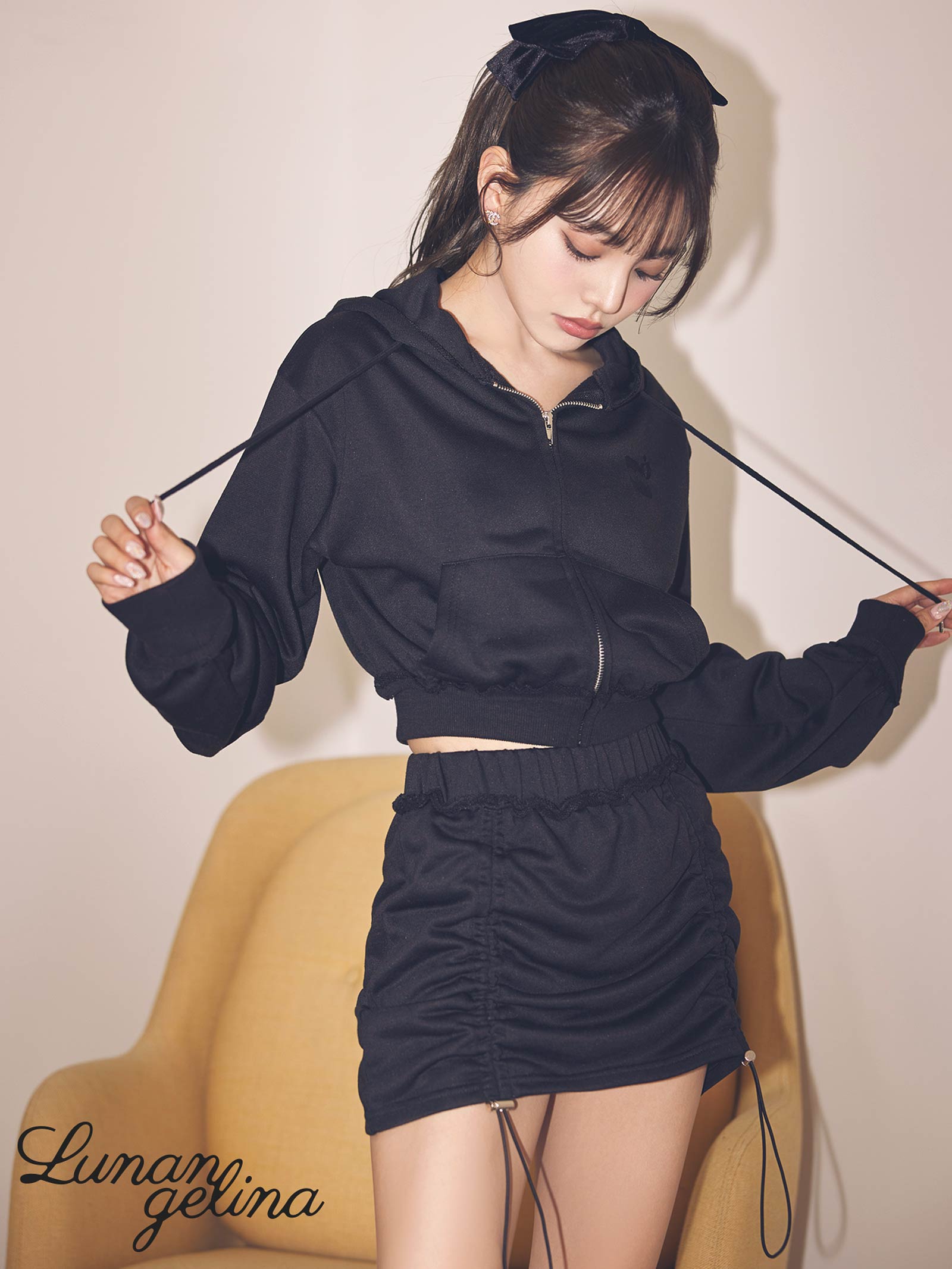 4/5新作! 【吉木千沙都(ちぃぽぽ)プロデュース/lunangelina】ZIPUP HOODIE&SLIM ADJUST SKIRTPANTS SETUP/Black